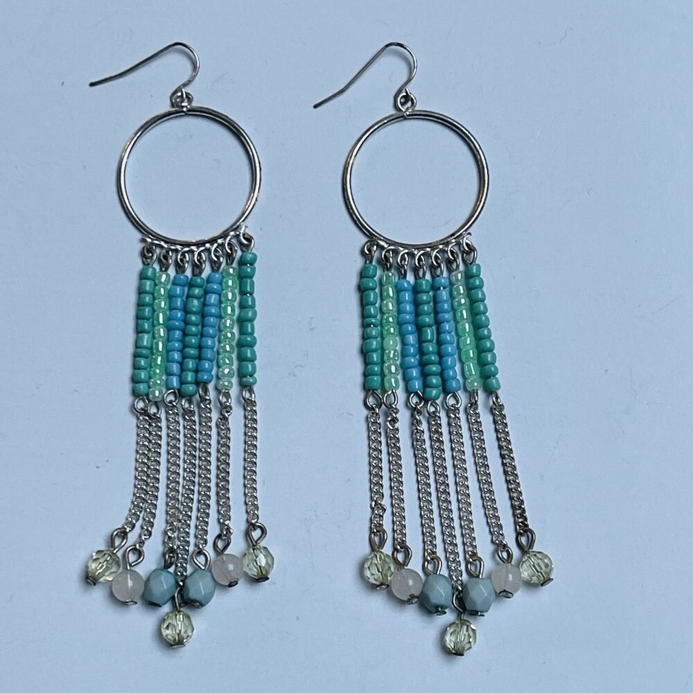 Tribal Beaded Earrings Hook Handmade Blue Dangle Boho Festival Party